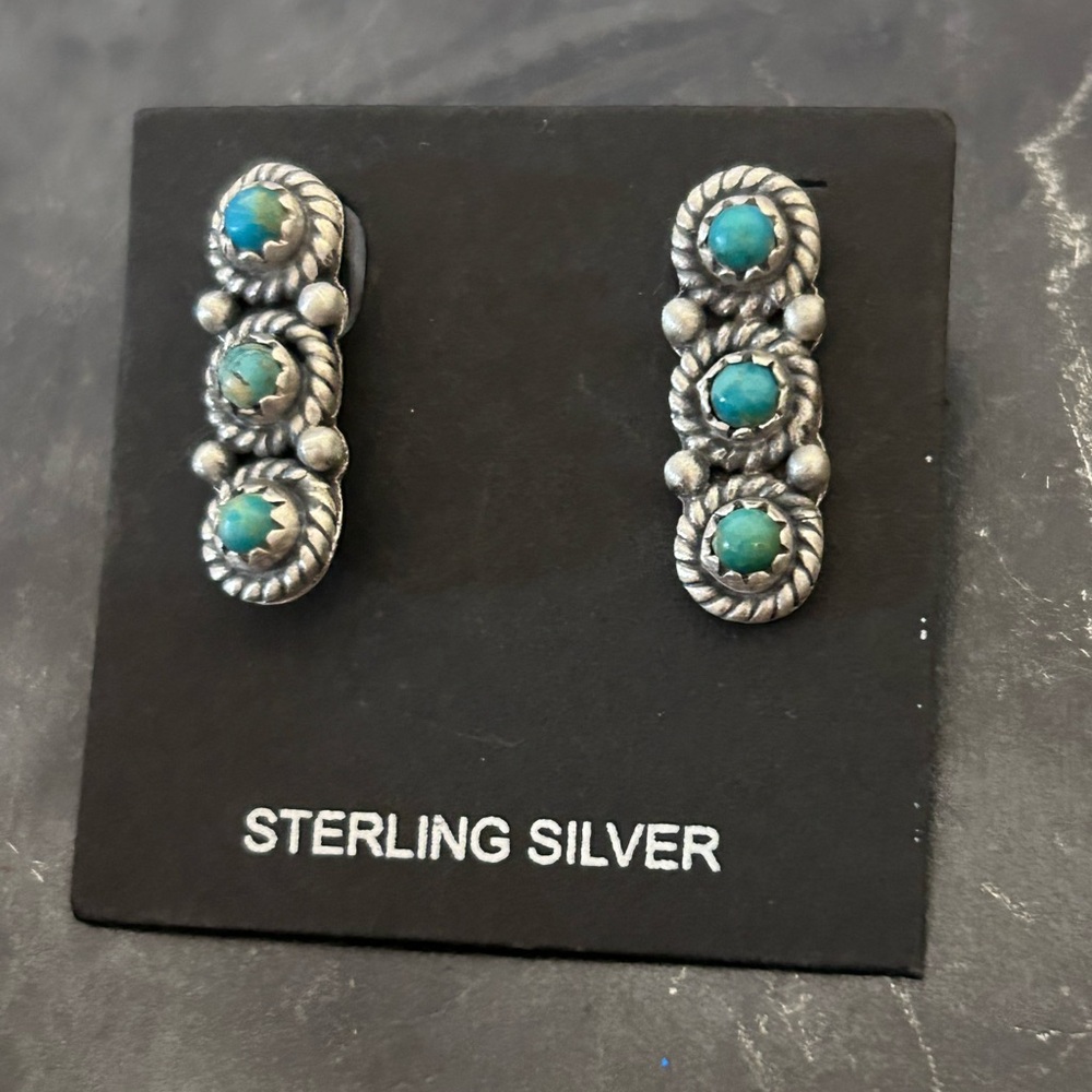 NWT Natural Mojave Turquoise 925 Stamped Sterling Silver Triple Stone Earrings